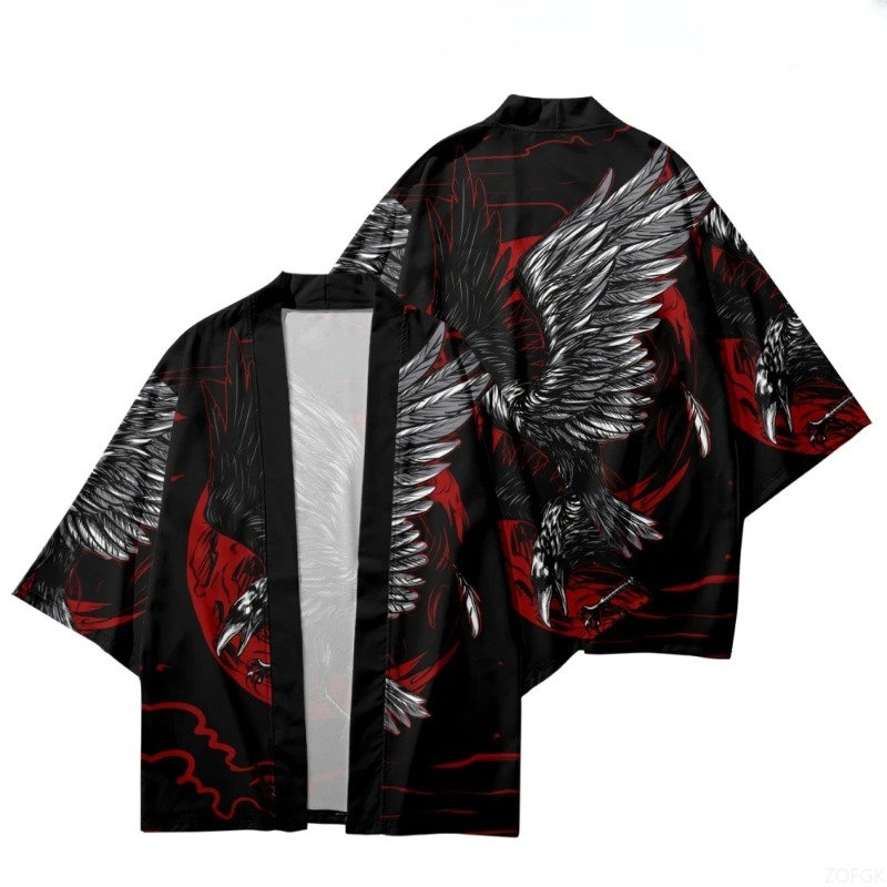 Street Fashion Kimono - ファッション カラス プリント オープンフロント 着物 原宿