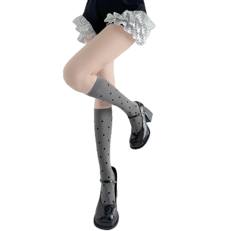Japanese Street Fashion Female - 春・秋用超薄型ポルカドットミッドカーフソックス 女性用 和風 スウィート ニッチ エレガント