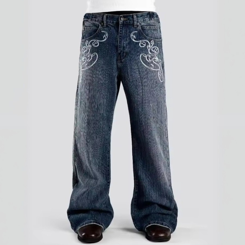 Street Fashion Male - レトロY2K 2点セット ストリートスタイルスーツ ストライプ襟ポロジャージートップ 刺繍入りブーツカットデニムパンツ ユニセックスカジュアルストリートウェア