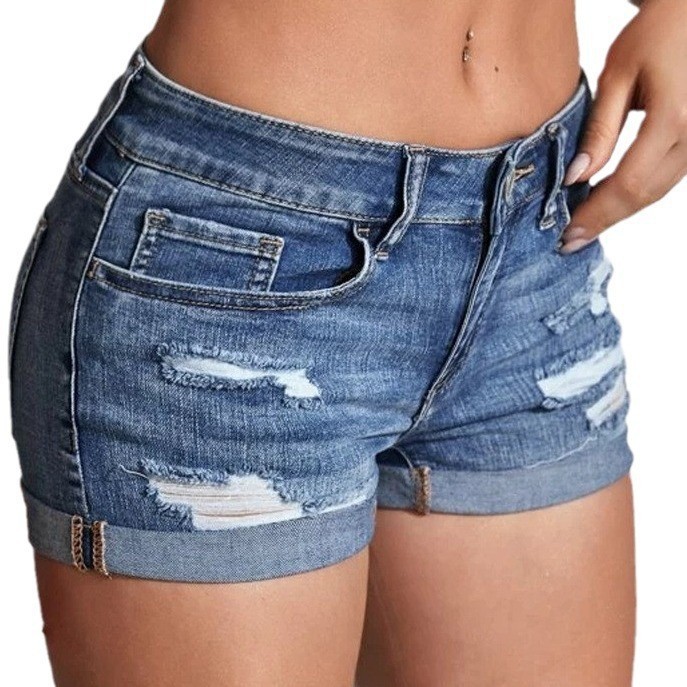 Distressed Jean Rip - ハイウエストウォッシュドデニムショーツ、ダメージ加工スキニーリップドカフ付きブルーデニムショートパンツ、ボタンフライカジュアルショートジーンズ