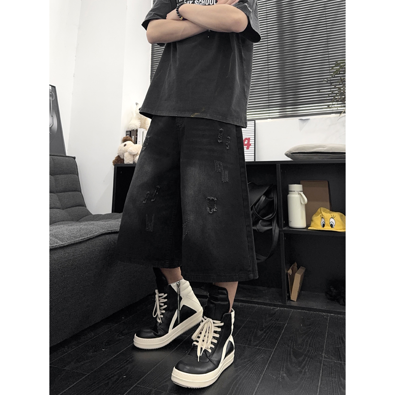 Distressed Jean Rip - ユニセックスアメリカンインスハイストリートルーズストレート7ポイントジーンズリップドディストレスデニムショーツサマーカジュアルストリートウェア