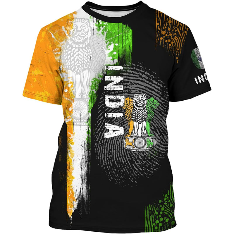 Street Fashion India - メンズインド国旗プリントTシャツ,クルーネック,半袖Tシャツ,象の3Dパターン,ストリートファッション,トレンド,新品