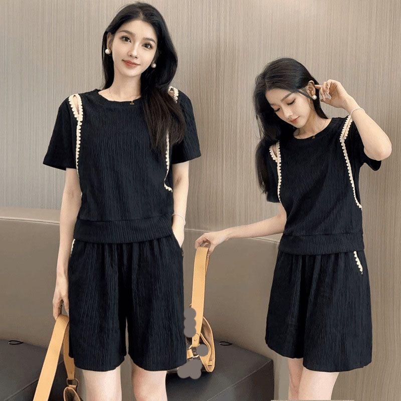 Street Fashion In Korea - 韓国ファッションオフショルダー Tシャツ 2 点セット女性オールマッチルーズカジュアルショーツ衣装ストリートコントラストパッチワークスーツ