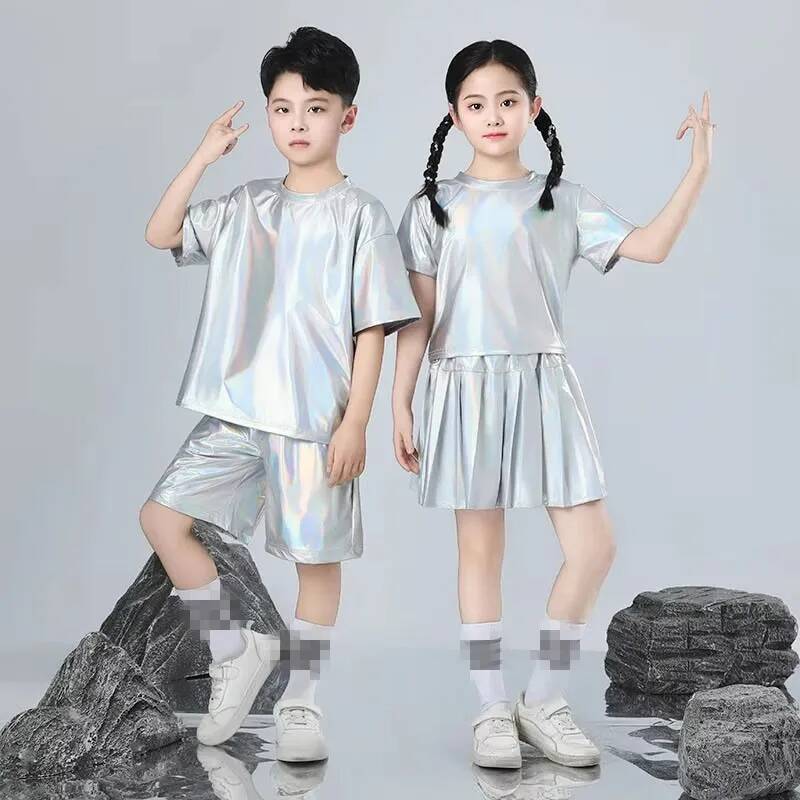 Street Fashion Boy - 男の子と女の子のヒップホップセットシルバーカラージャズダンス衣装子供パフォーマンス服ファッション滑走路ストリートダンス衣装
