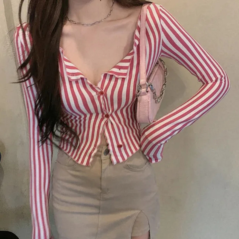 Street Fashion In Korea - Mexzt-女性用ヴィンテージストライプTシャツ,y2kストレッチカジュアルブラウス,韓国原宿長袖