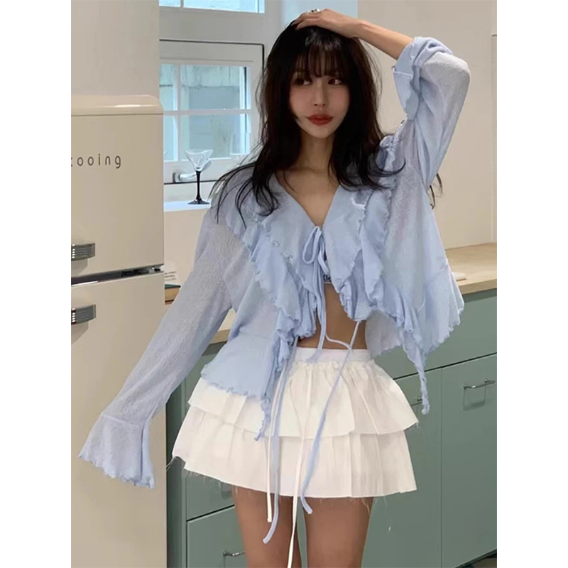 Street Fashion In Korea - MEXZT クロップ白シャツ女性のファッションフリル包帯ピンクブラウス夏の韓国 V ネックフレア長袖カーディガントップス新