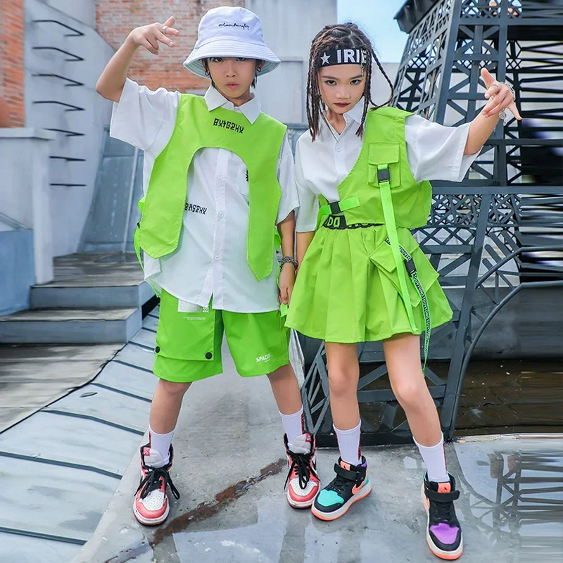 Street Fashion Boy - 子供のためのヒップホップストリートウェア,緑のベストとショーツ,10代の子供のためのシャツとスカート,ジャズダンスの服,男の子と女の子のための舞台服,ファッション