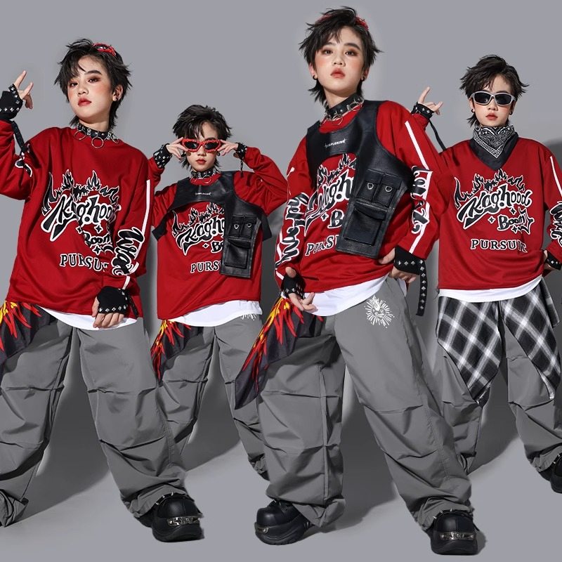 Street Fashion Boy - ボーイズ K-POP スウェットシャツ ファッションベスト ルーズパンツ ヒップホップコスチューム