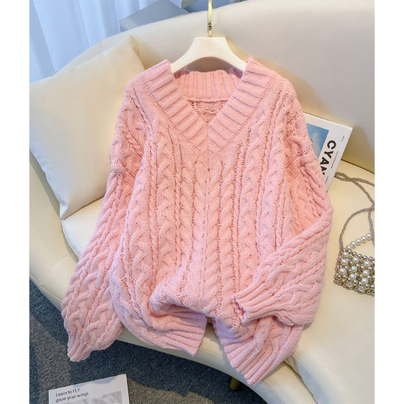 Street Fashion In Korea - MEXZT 原宿セーター女性ファッション特大ピンク V ネックニットプルオーバー韓国長袖ニット冬カジュアルジャンパー