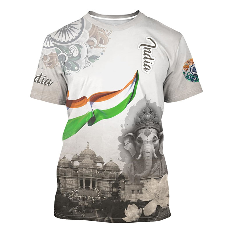 Street Fashion India - メンズインド国旗プリントTシャツ,クルーネック,半袖Tシャツ,象の3Dパターン,ストリートファッション,トレンド,新品