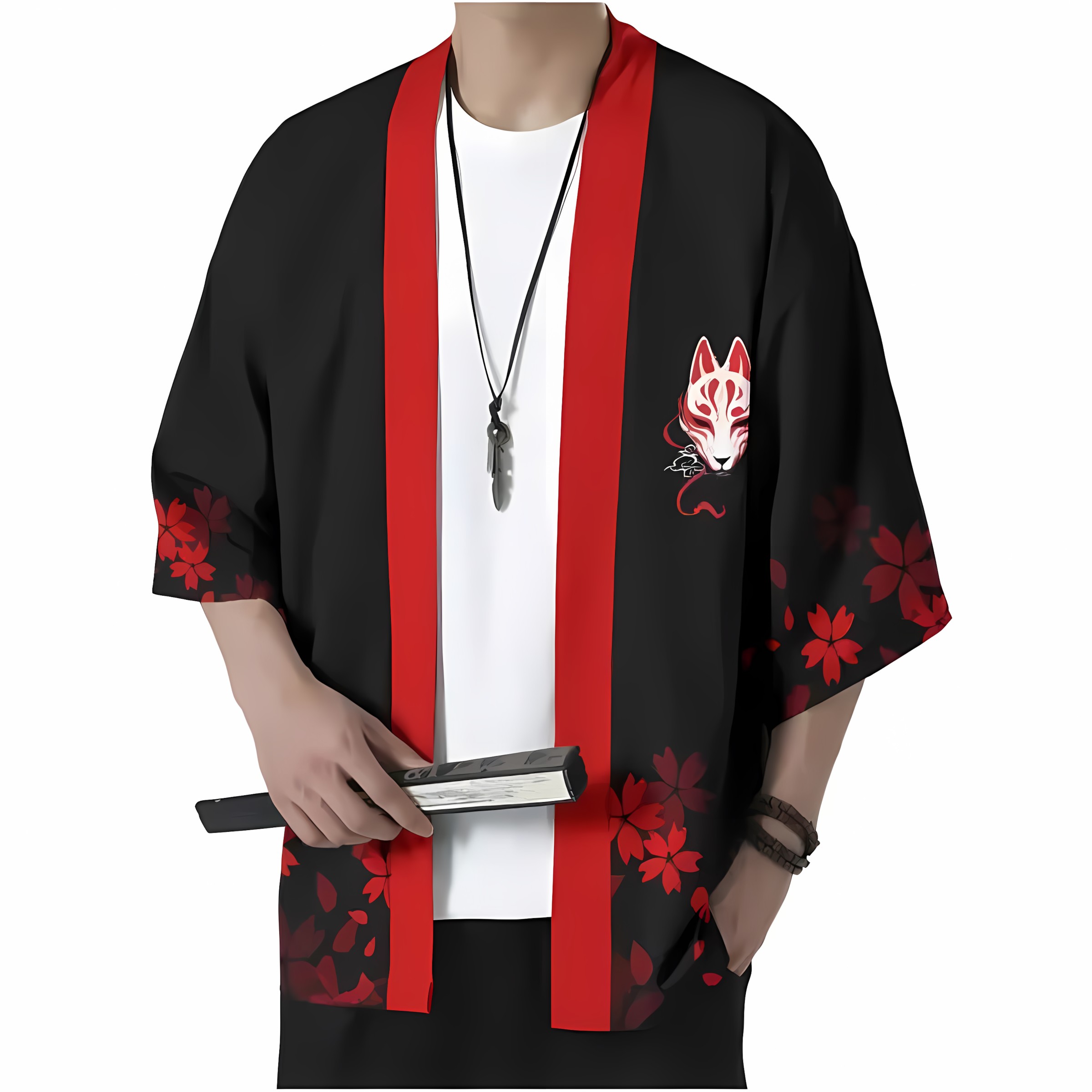 Street Fashion Kimono - 2026 夏の新スタイルメンズ着物 3D キツネマスクパターンプリントストリートカジュアルファッション快適ソフトで通気性のある