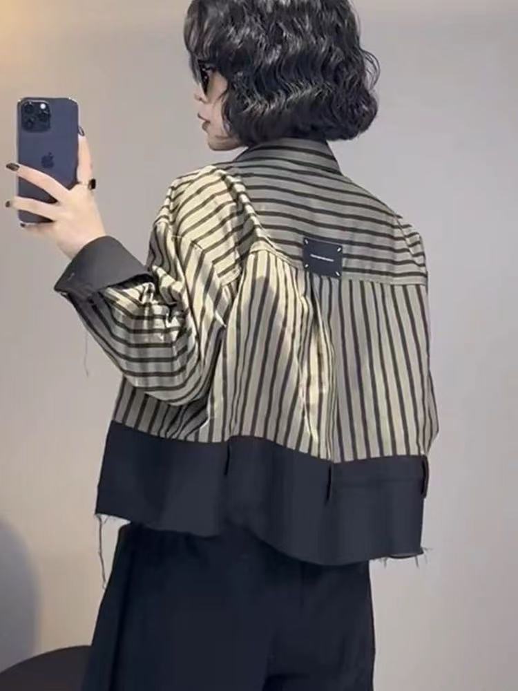Street Fashion In Korea - レトロなデザインのショートジャケットシャツ黒ストライプポロ襟フルスリーブボタンアップシャツストリート韓国ファッション女性秋