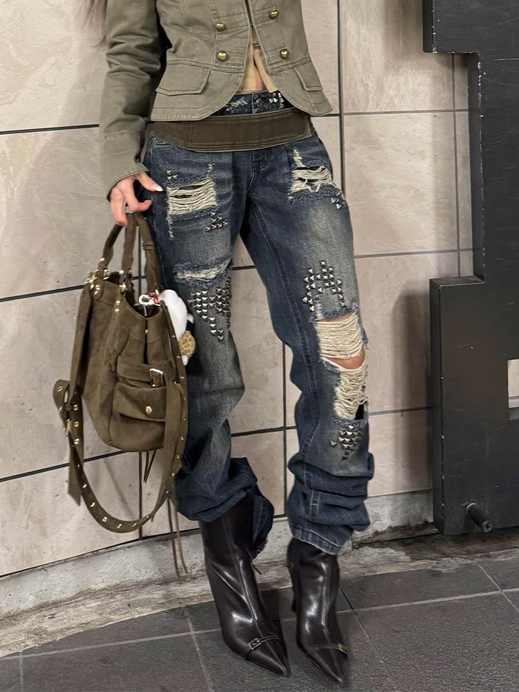 Distressed Jean Rip - アメリカンヴィンテージストリートウェアフルレングスジーンズダメージ加工女性用カジュアルY2kグランジレトロリップドボディコンデニムパンツホットガール