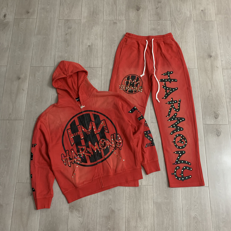 Street Fashion Brands - ファッションストリートファッションブランドHARMONYのフーディーとパンツのセット、ホットスタンピング加工、高品質ジッパーカーディガン、カジュアルなハーモニーセット