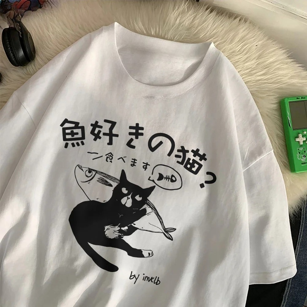 Japanese Street Fashion Female - ファッション女性 Tシャツ和風猫が魚を食べるグラフィックプリント半袖 ONeck ソフトストリート女性服夏ストリートウェア