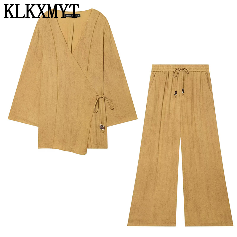 Street Fashion Kimono - KLKXMYT ストリートファッション着物風シャツ 2ピースセット レディース 長袖トップス タイ付きワイドレッグパンツセット