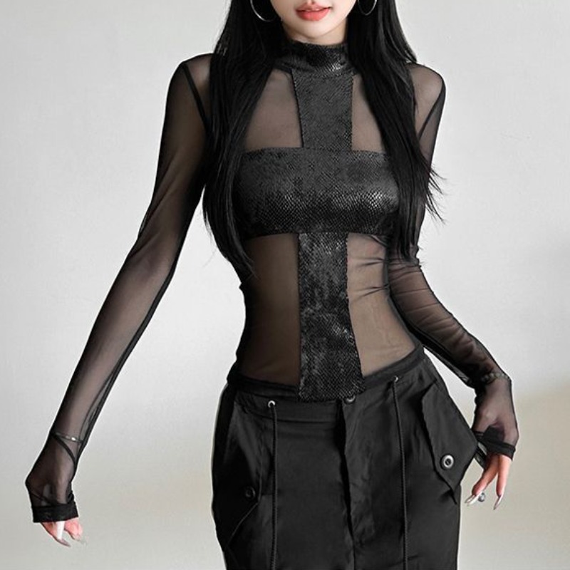 Mesh Top Layering - アメリカンスタイル メッシュ 長袖 ボディスーツ Tシャツ レディース