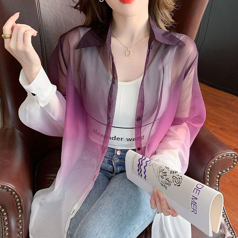 Street Fashion In Korea - 女性用Tシャツ,夏のファッション,グラデーションカラー,対照的な色,日焼け止めブラウス,韓国のストリートウェア