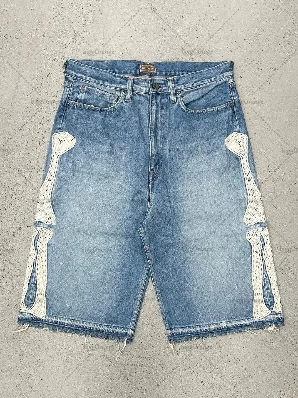 Street Fashion Harajuku - Deeptown Y2k ヴィンテージ原宿デニムショートパンツ女性ウォッシュレター刺繍タッセルアメリカンレトロジーンズ男だぶだぶのヒップホップジョーツ