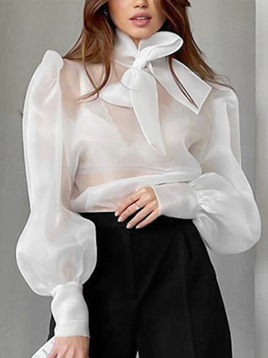 Mesh Top Layering - 新しいエレガントなメッシュ透明ブラウス女性フレンチスタイルオーガンザシャツトップスレースアップボウランタンスリーブボタンカジュアル64072