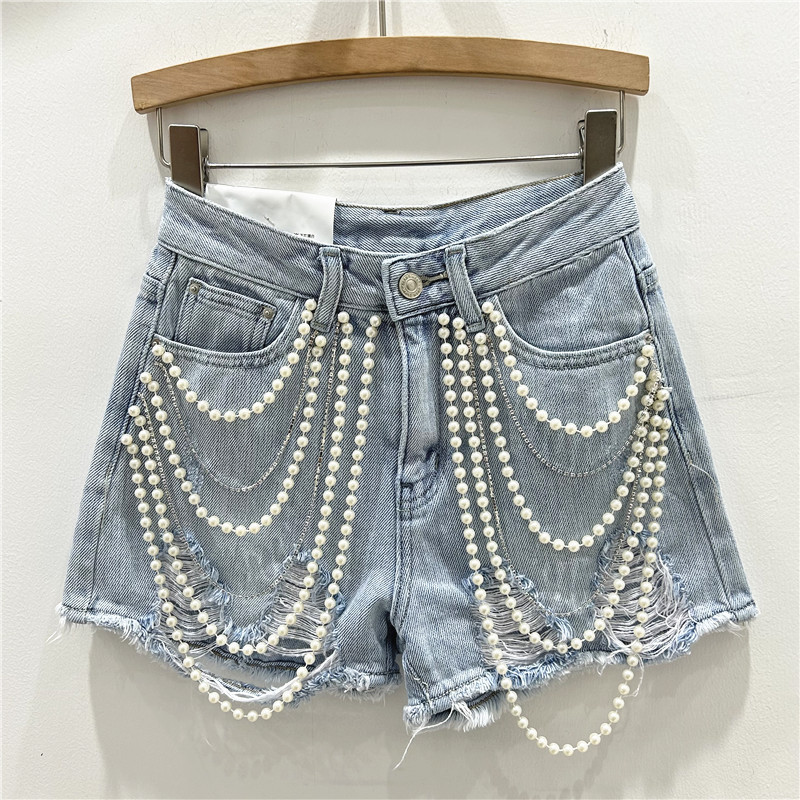 Distressed Jean Rip - ダメージ加工デニムショートパンツ ウォッシュドジーンズ ハイウエスト チェーン スプライス カジュアル