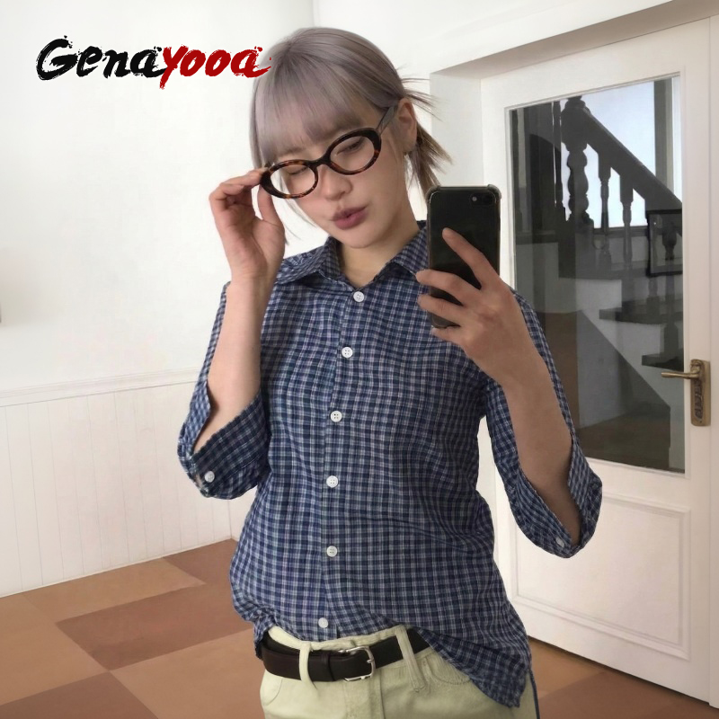 Street Fashion In Korea - Genayooa Y2k チェック柄シャツ女性スリークォーターカジュアルシャツ日本 2000 年代グランジトップスストリート夏シャツ韓国スタイル