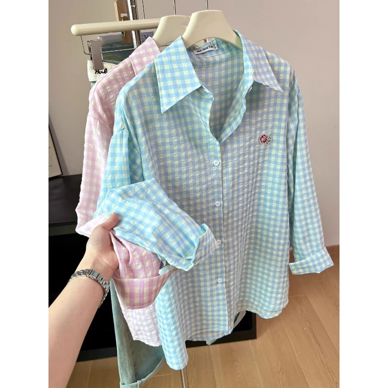 Street Fashion In Korea - 刺繍フラワーチェック柄デザインシャツ&ブラウスY2Kストリートファッションレディースシャツ秋カジュアル韓国婦人服新作