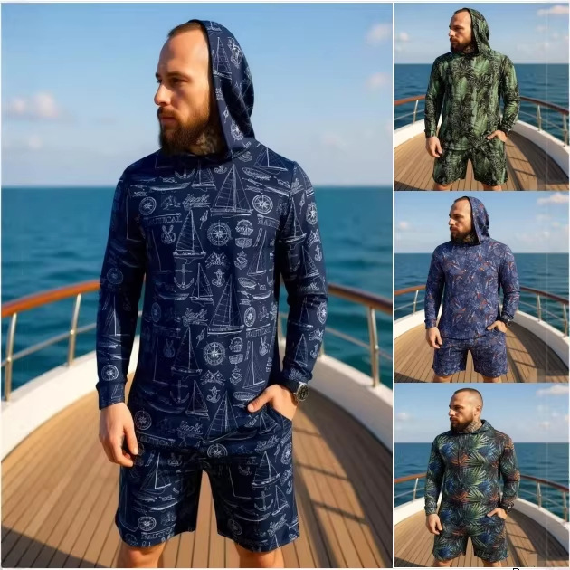 Street Fashion Male - 2026年新作迷彩柄ユニセックスフード付きツーピースセット長袖シャツショーツ通気性ルーズサマービーチストリートウェアカジュアルW