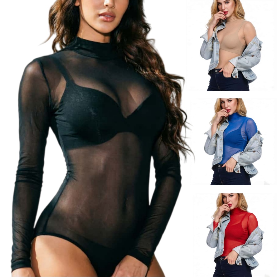 Mesh Top Layering - FREEAUCE 新しい長袖ワンピースシアーブラックメッシュボディスーツトップス T シャツ女性用プラスサイズセクシーなボディスーツランジェリー S-XXXL