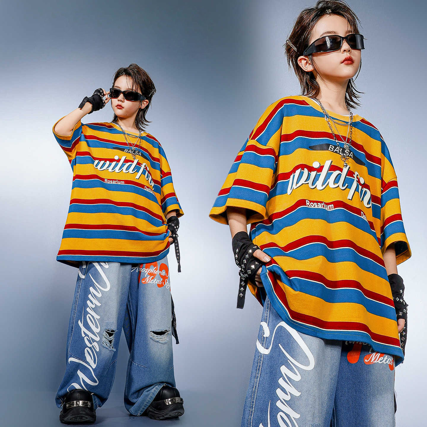 Distressed Jean Rip - 子供用ヒップホップ服 黄色のストライプTシャツ デニムブルーのカジュアルダメージ加工リップドジーンズパンツ 女の子 男の子 ダンスコスチューム服
