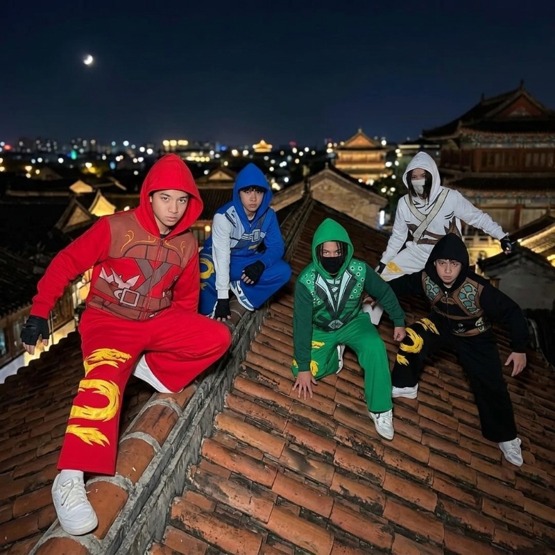 Street Fashion Male - 忍者戦士アーマーフーディーセット メンズ ドラゴングラフィック 2ピーススーツ アニメ風ストリートウェア バギーワイドレッグパンツ