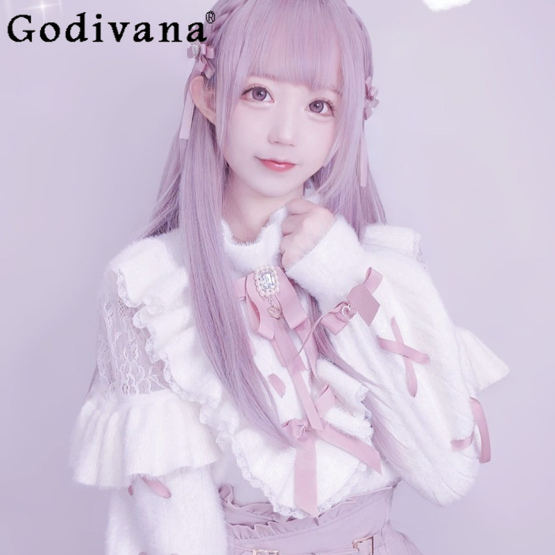 Japanese Street Fashion Female - 和風大量生産セーター女性用イミテーションミンクベルベット春新作レースジャンパー女性用ハイストリートニットプルオーバー