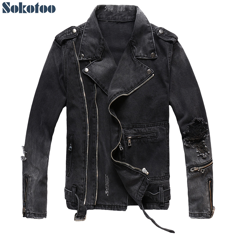 Distressed Jean Rip - Sokotoo男性のジッパー黒デニムジャンバイカーチェーンジャケットオートバイヴィンテージエポレット穴ユーズド加工コート