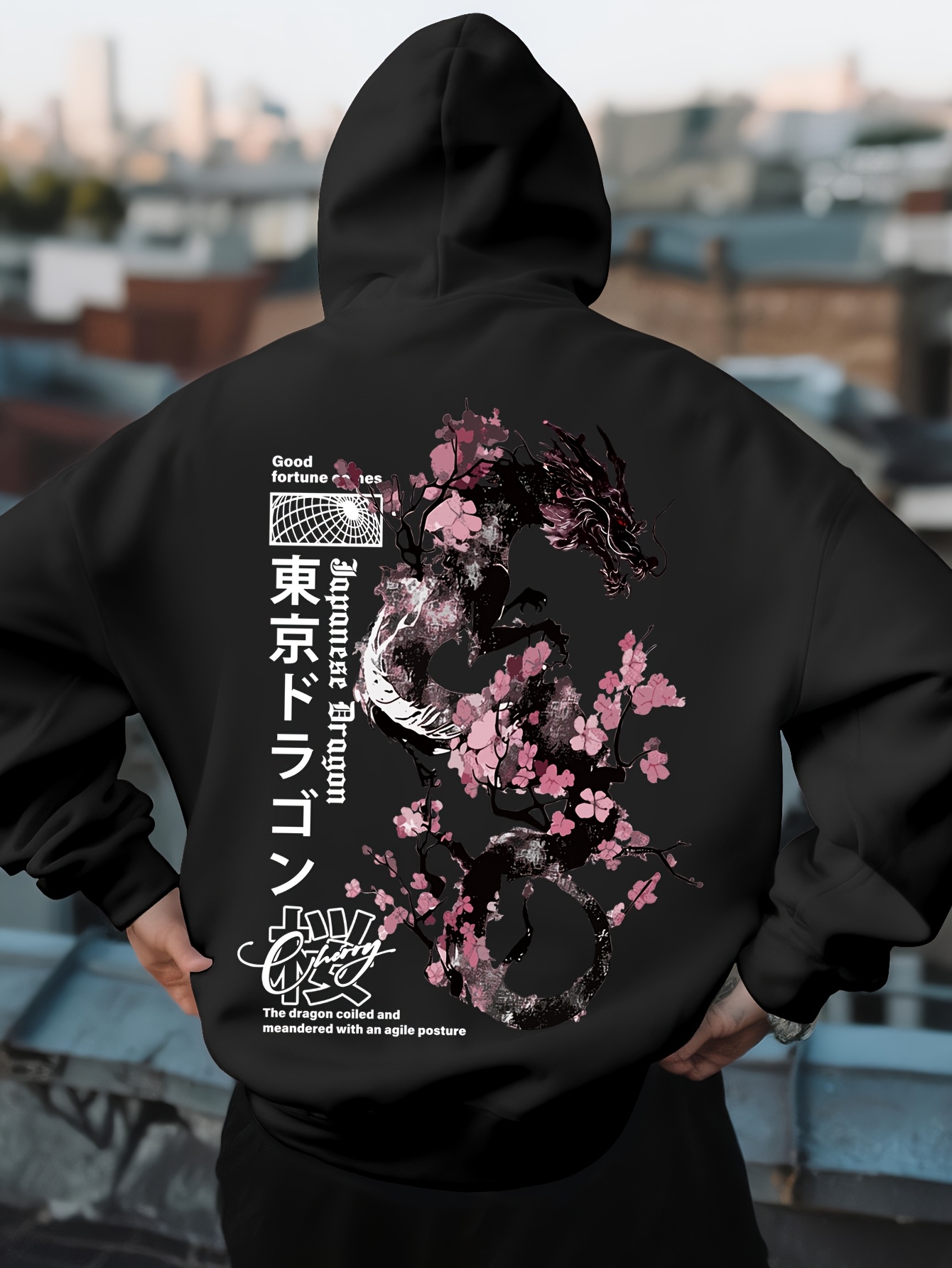 Street Fashion Asian Men - メンズヒップホップスポーツパーカー美的日本龍桜柄プリントレトロアジアンストリートカジュアルファッションパーカー