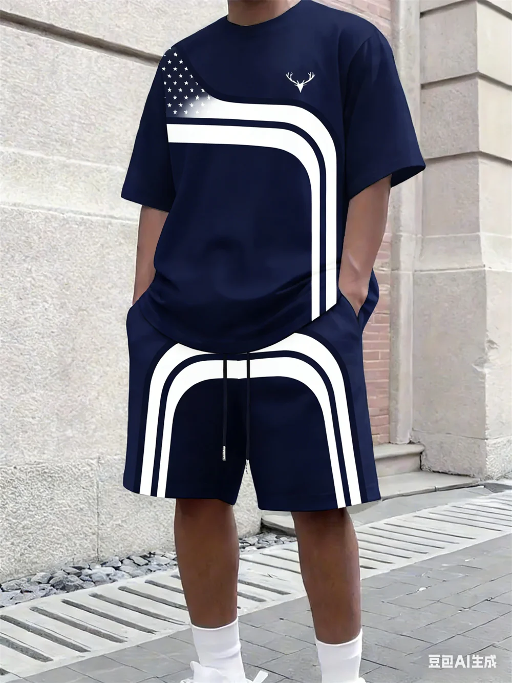 Street Fashion Clothing - ファッション夏メンズストライププリント快適な通気性のあるラウンドネック Tシャツショーツセットアウトドアハイストリート服 Tシャツセット
