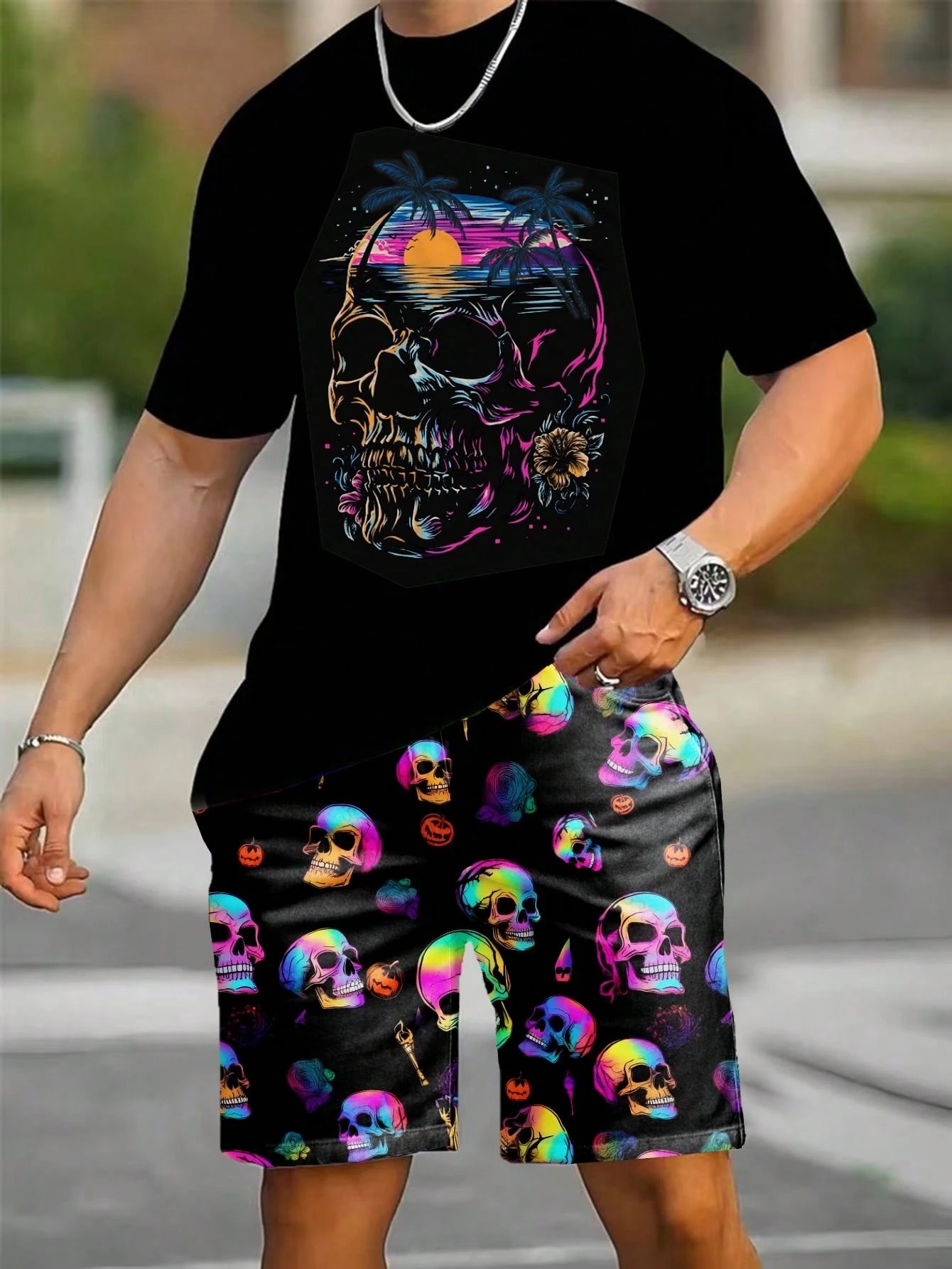 Street Fashion Male - 2026年夏新作 メンズ半袖ショートパンツセット 3Dパターンプリント入り - ストリートカジュアルファッション 快適で柔らかい