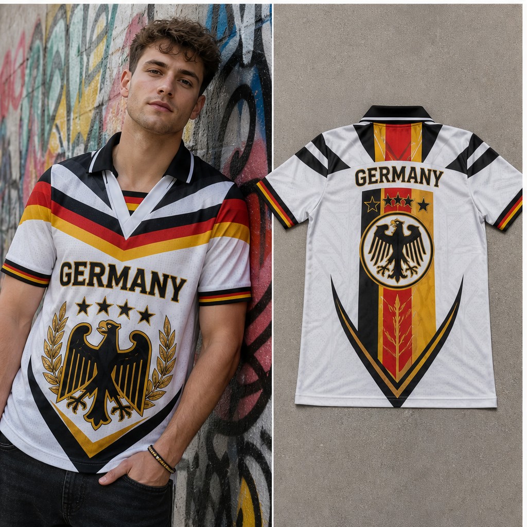 Street Fashion Germany - メンズドイツ鷲紋シールドグラフィックセミポロVネックTシャツ半袖カジュアルストリートウェア大胆なチームスタイルトップストリートスタイル