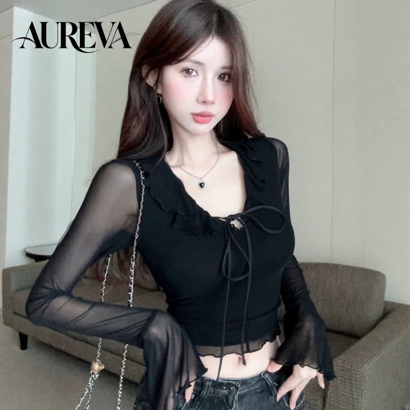 Mesh Top Layering - 2026秋冬ピュアデザイアホットガールVネックトップス女性用ラッフルフレアスリーブシアーメッシュレースシースルーレイヤリングインナーブラウス