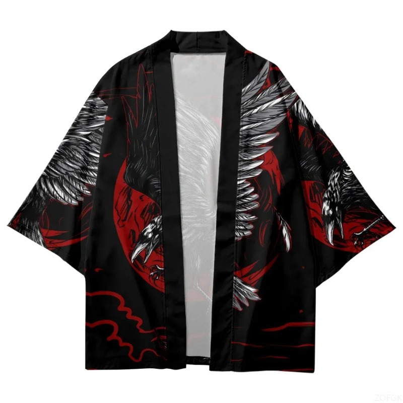ファッション カラス プリント オープンフロント 着物 原宿 - Street Fashion Kimono のレビューと価格