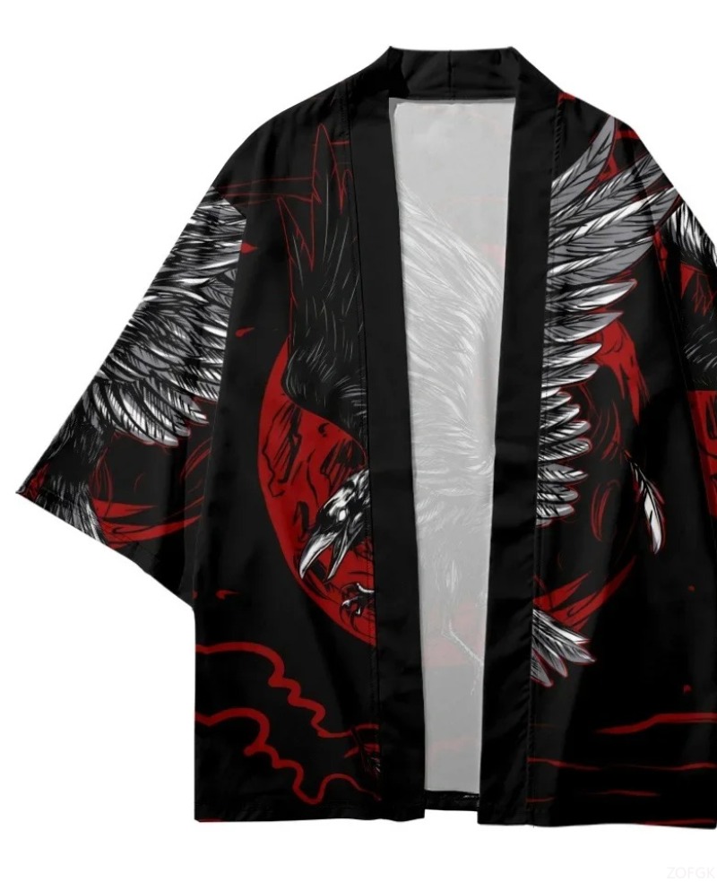 ファッション カラス プリント オープンフロント 着物 原宿 - Street Fashion Kimono のレビューと価格