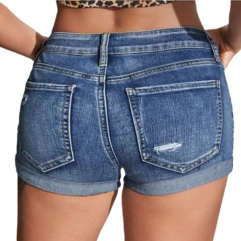 ハイウエストウォッシュドデニムショーツ、ダメージ加工スキニー - Distressed Jean Rip のレビューと価格
