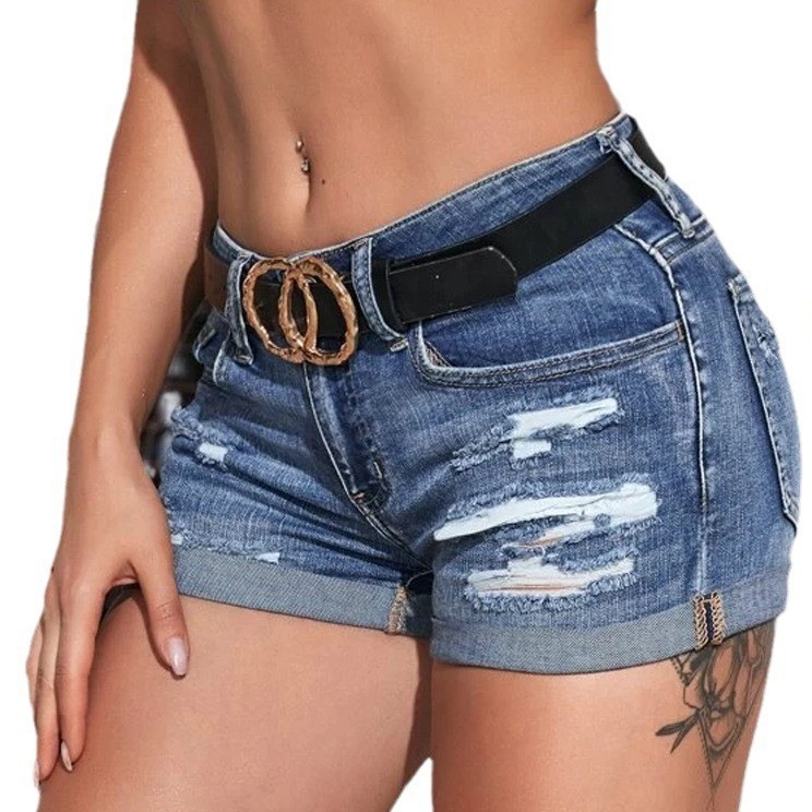 ハイウエストウォッシュドデニムショーツ、ダメージ加工スキニー - Distressed Jean Rip のレビューと価格
