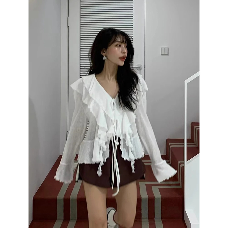 MEXZT クロップ白シャツ女性のファッションフリル包帯ピン - Street Fashion In Korea のレビューと価格