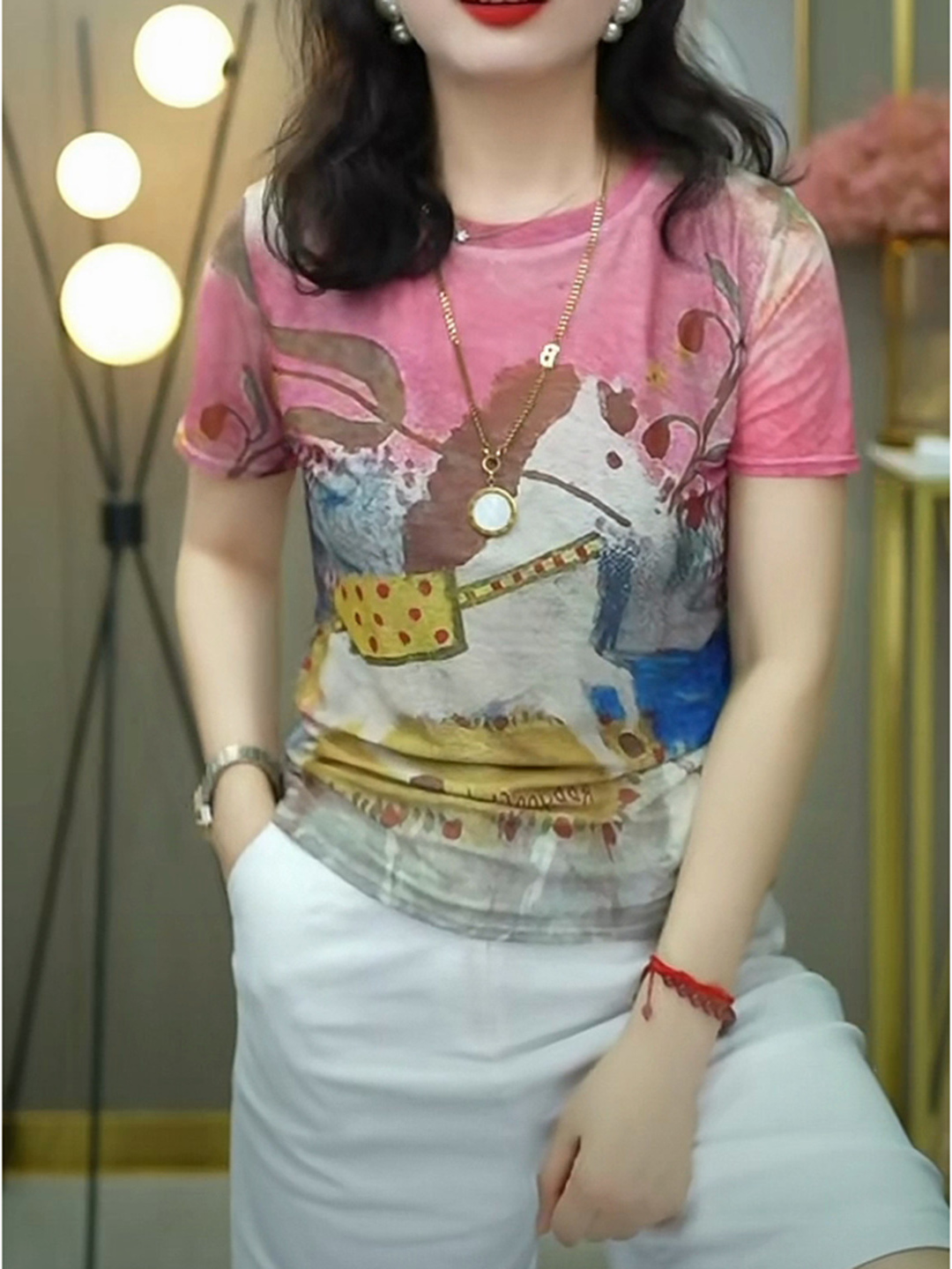 韓国スタイル二重層メッシュプリント半袖ラウンドネック Tシャ - Mesh Top Layering のレビューと価格