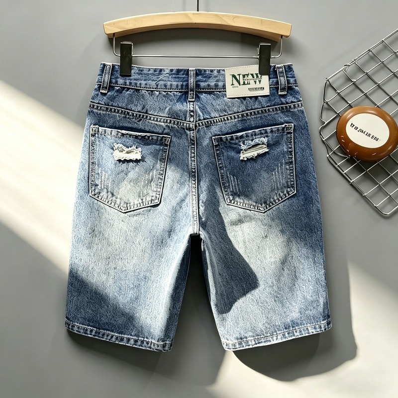 メンズ韓国風ダメージデニムショーツ、ライトウォッシュ加工、リ - Distressed Jean Rip のレビューと価格