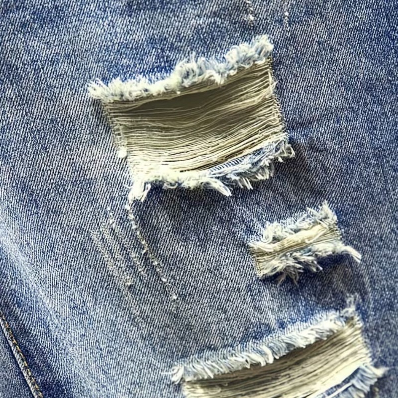 メンズ韓国風ダメージデニムショーツ、ライトウォッシュ加工、リ - Distressed Jean Rip のレビューと価格