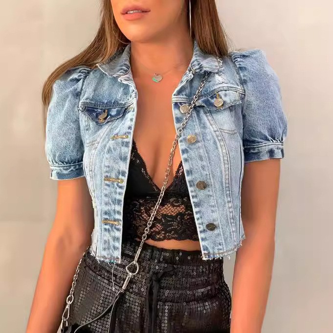 レディースデニムジャケット クロップ丈 ライトブルーウォッシ - Distressed Jean Rip のレビューと価格