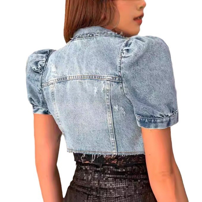 レディースデニムジャケット クロップ丈 ライトブルーウォッシ - Distressed Jean Rip のレビューと価格