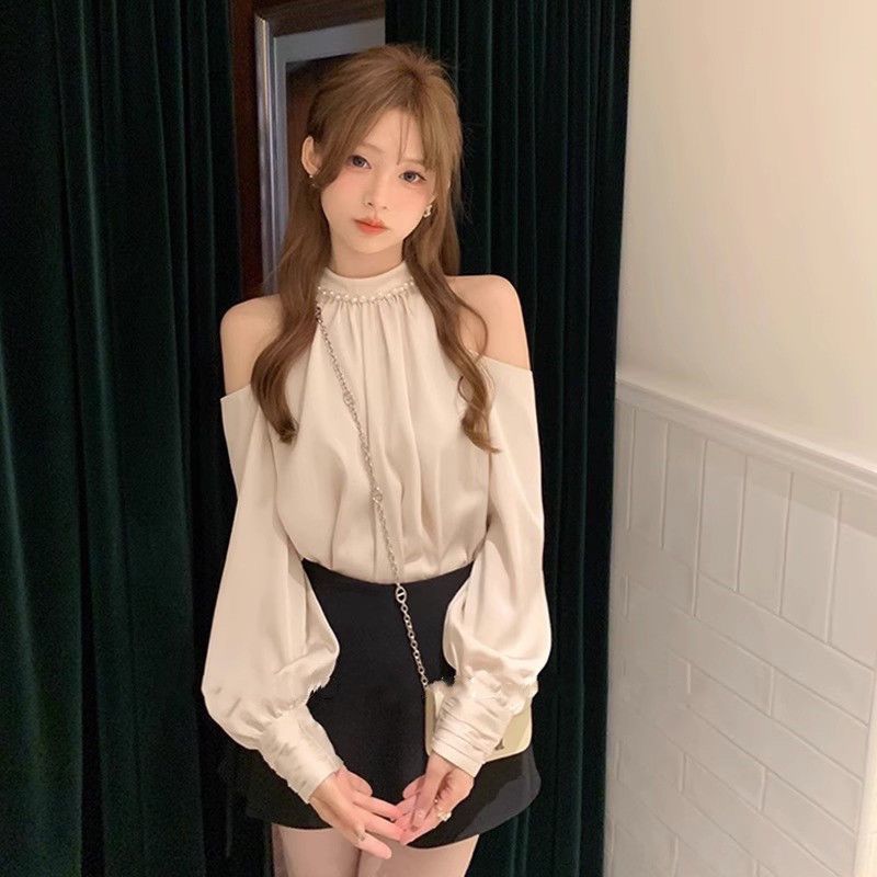 春甘いブラウス女性のための O ネック長袖オフショルダートッ - Street Fashion In Korea のレビューと価格