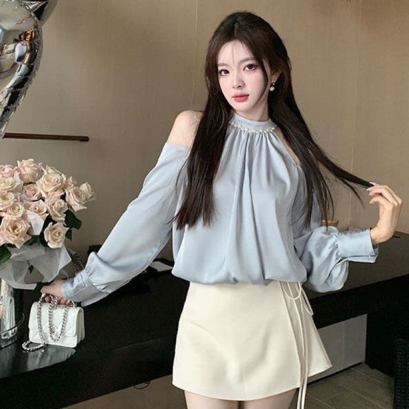 春甘いブラウス女性のための O ネック長袖オフショルダートッ - Street Fashion In Korea のレビューと価格